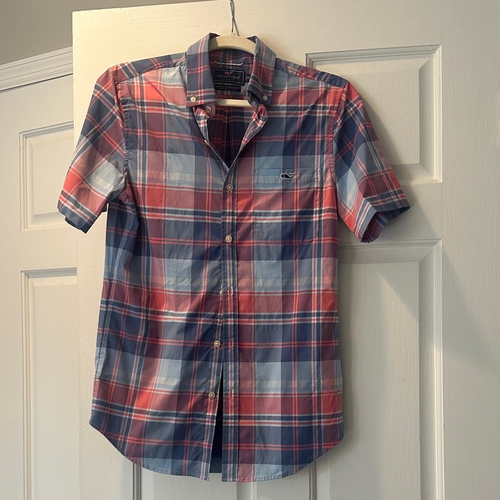 Vineyard Vines Pink and Blue Plaid Tucker short sleeve Button Down Shirt